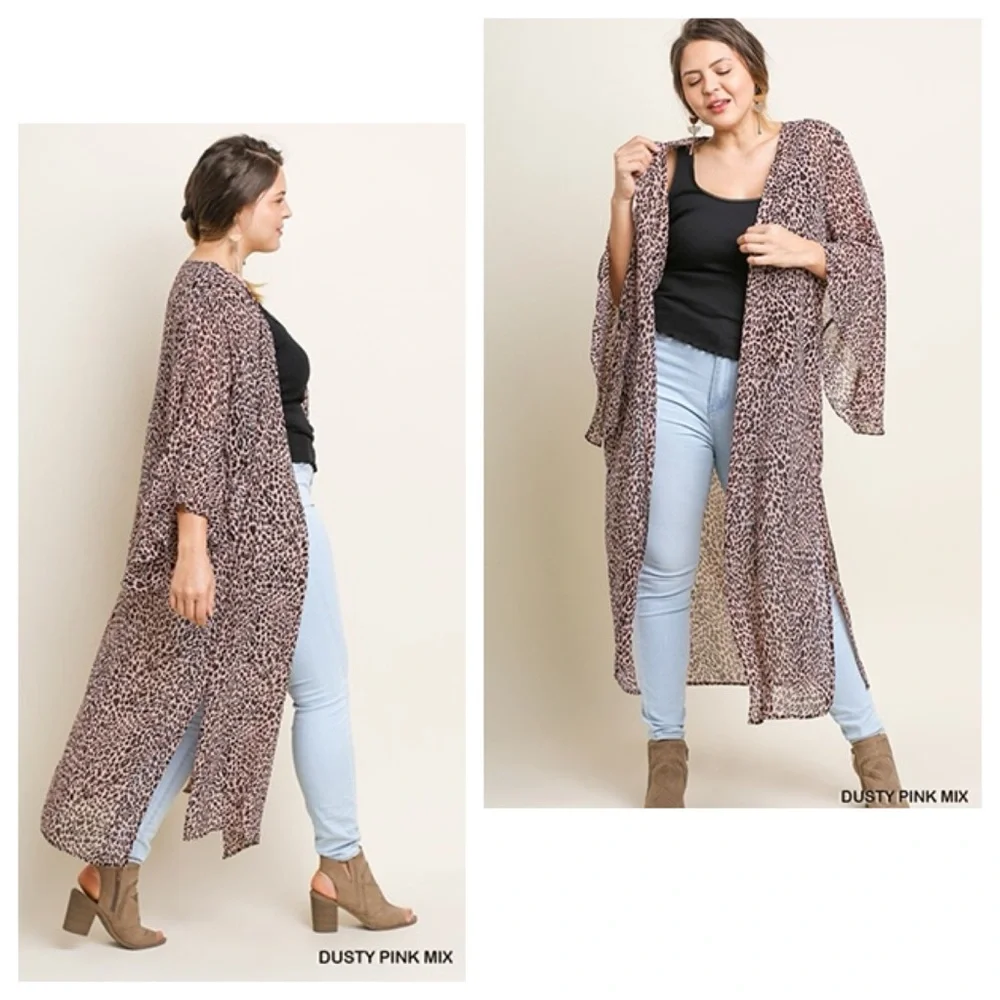 Umgee Leopard Print Sheer Kimono Duster Cardigan - Picture 1 of 5